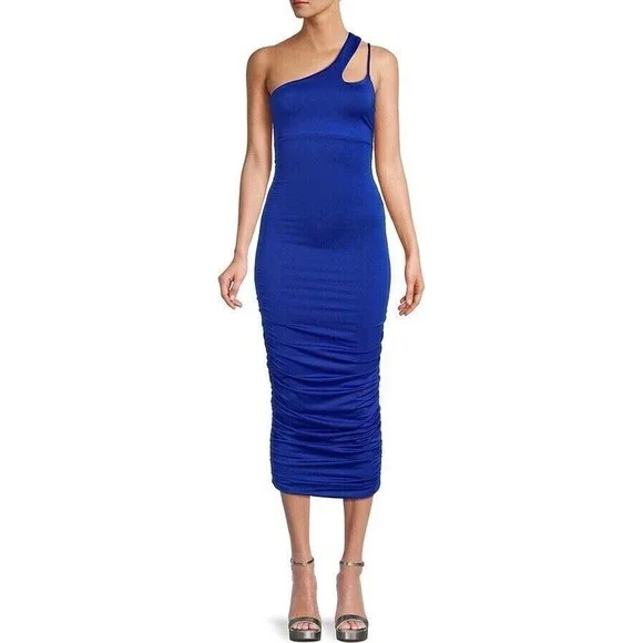 the fashion poet | Dresses | The Fashion Poet Dress Womens Sz Xl Blue One  Shoulder Ruched Midi | Poshmark